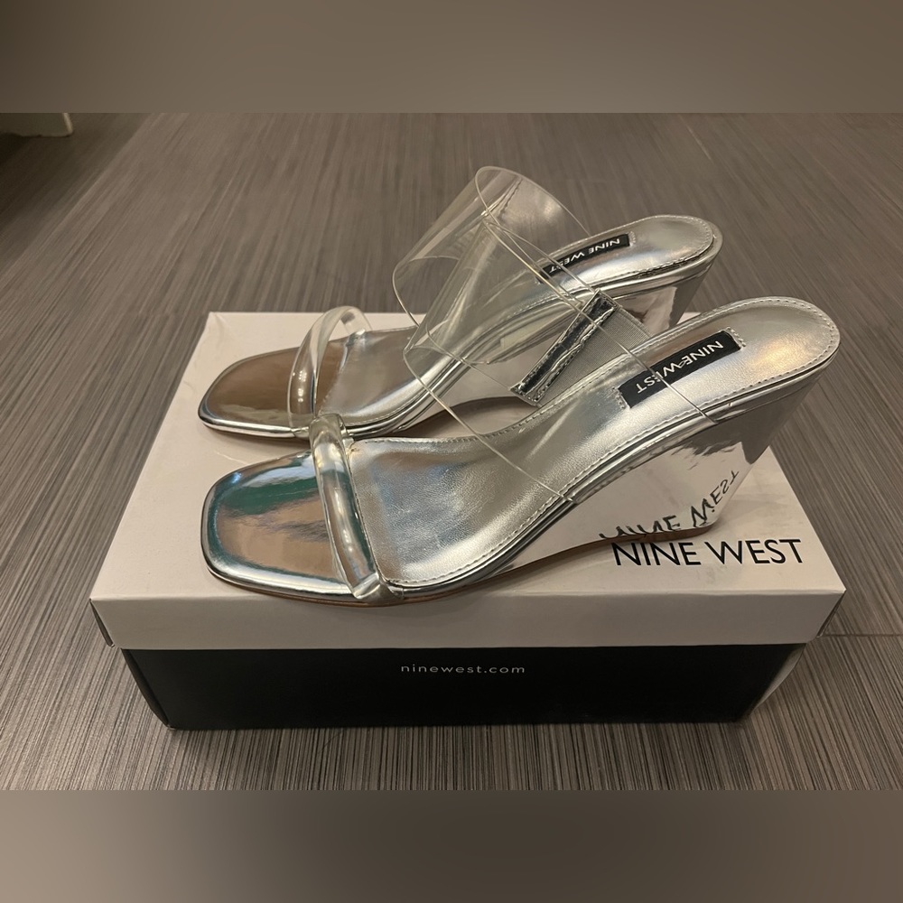 OPEN TO ALL OFFERS! - Brand new silver sandal wedge with clear upper 3.5” heel